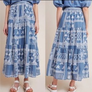 Anthro Ariadne Embroidered Blue Maxi Skirt